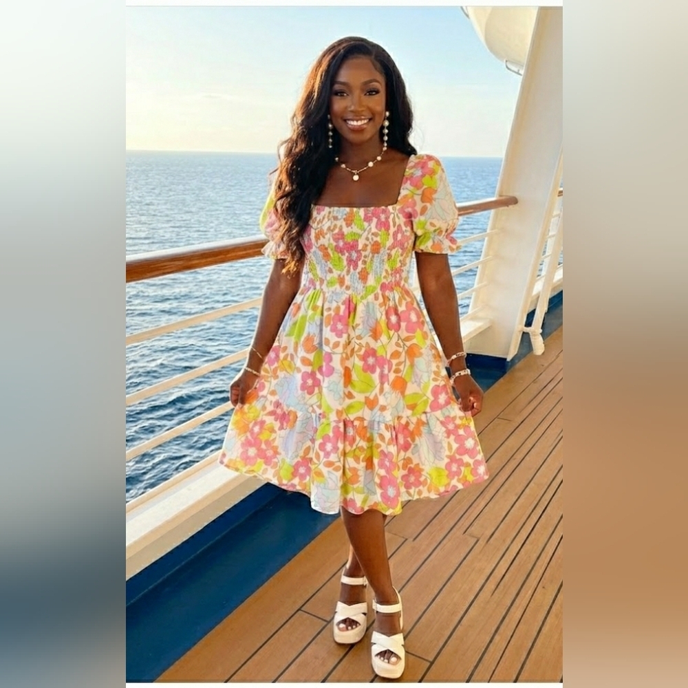 Brunch Retro Floral Island Cottage Kentucky Derby Smocking Midi Dress New